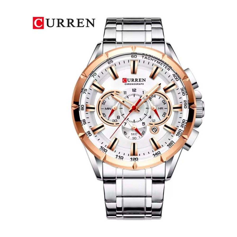 CURREN 8363 Cronógrafo Deportivo en Acero color Plateado y Oro Rosa / Blanco