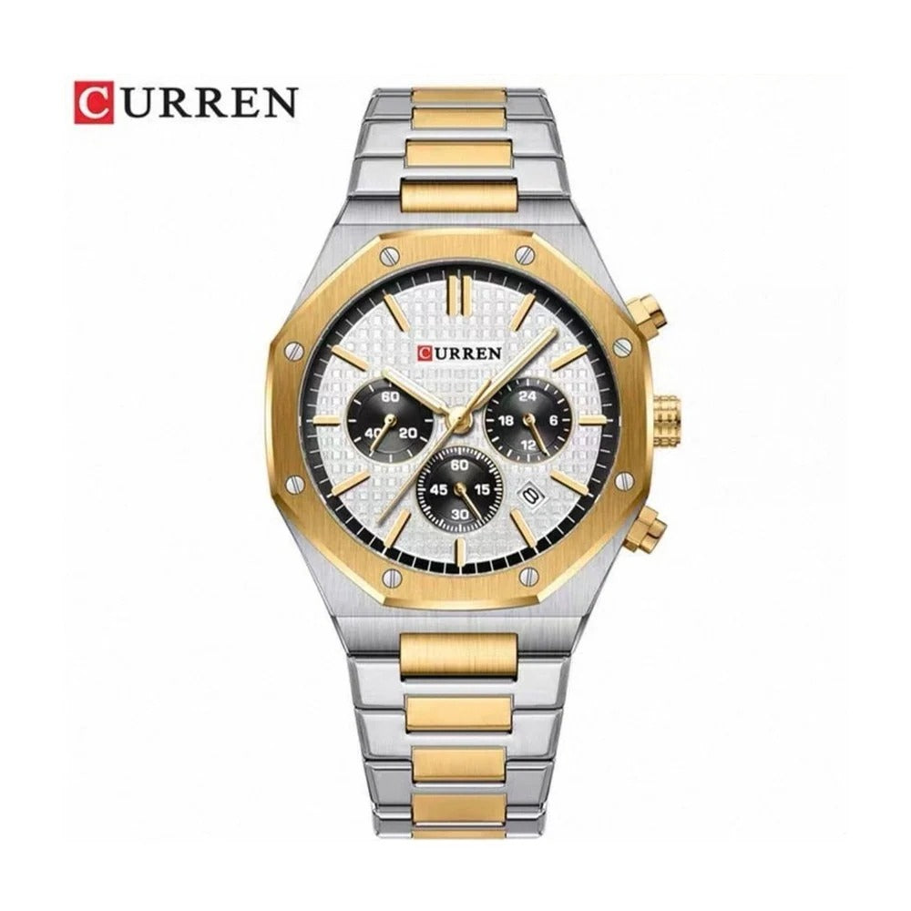 CURREN 8440 Cronógrafo Octagonal en Acero color Dorado / Blanco