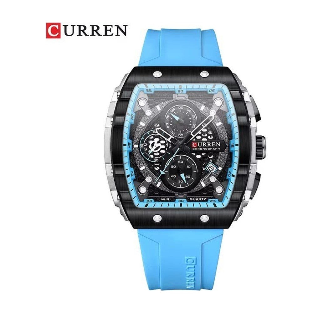 CURREN 8442 Cronógrafo Tonneau en Silicona color Goma Azul Claro / Negro