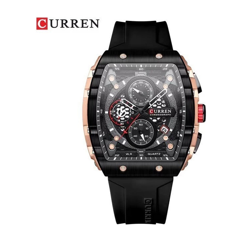CURREN 8442 Cronógrafo Tonneau en Silicona color Goma Negra / Negro