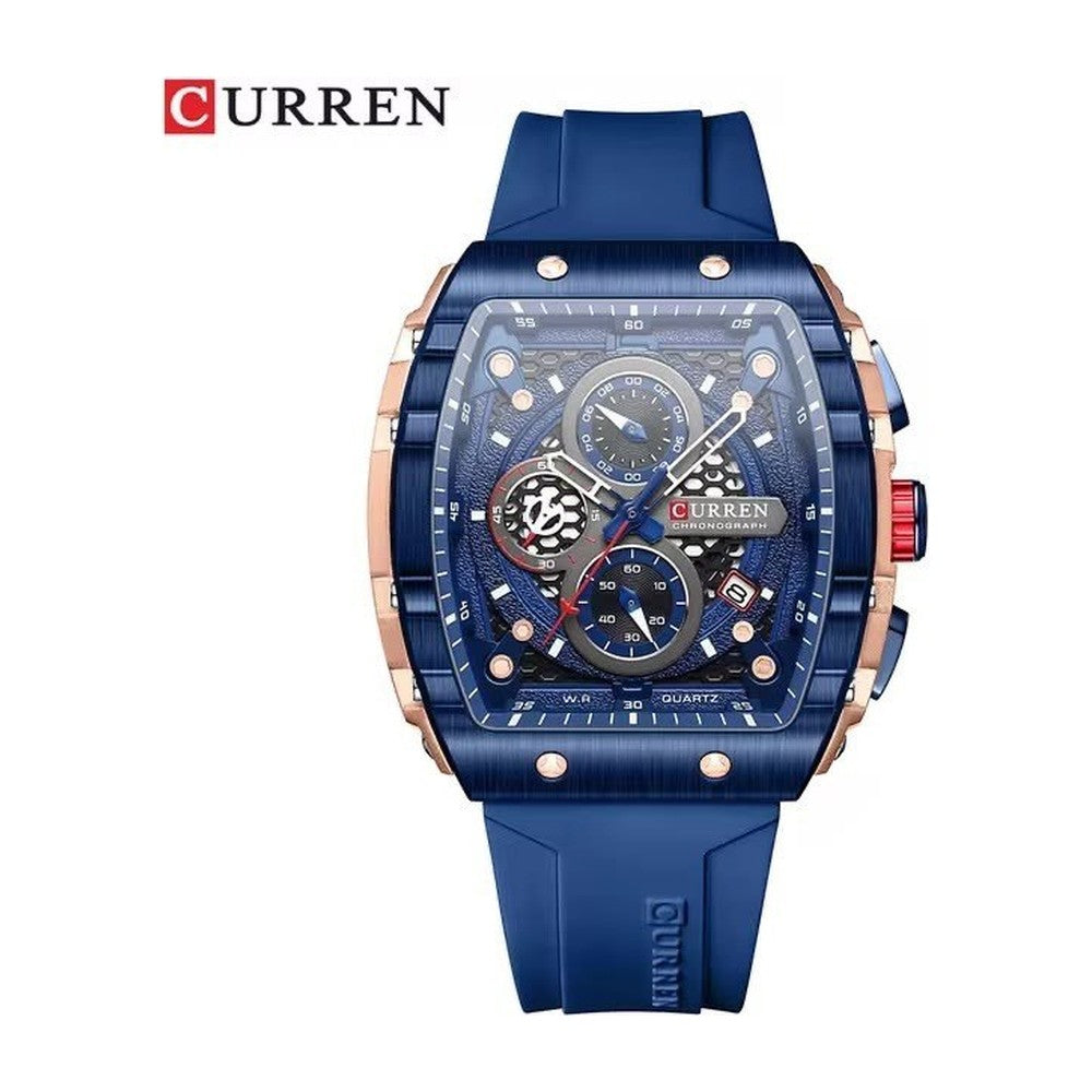 CURREN 8442 Cronógrafo Tonneau en Silicona color Goma Azul / Azul