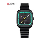 CURREN 8460 Reloj Cuadrado en Acero color Negro / Verde Agua