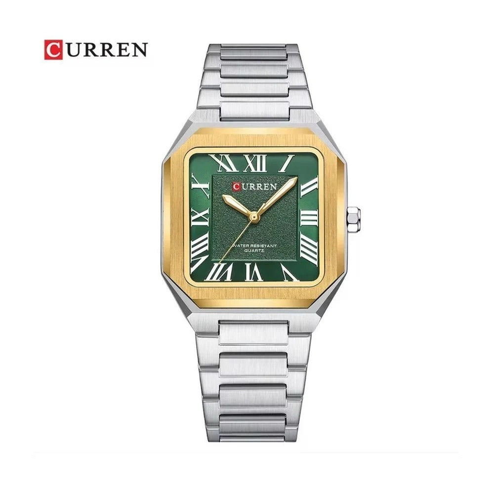 CURREN 8482 Reloj Cuadrado Números Romanos color Plateado y Dorado / Verde