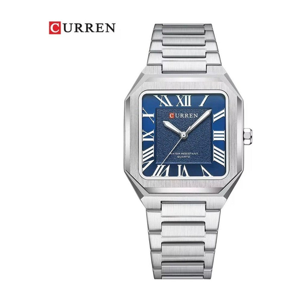 CURREN 8482 Reloj Cuadrado Números Romanos color Plateado / Azul