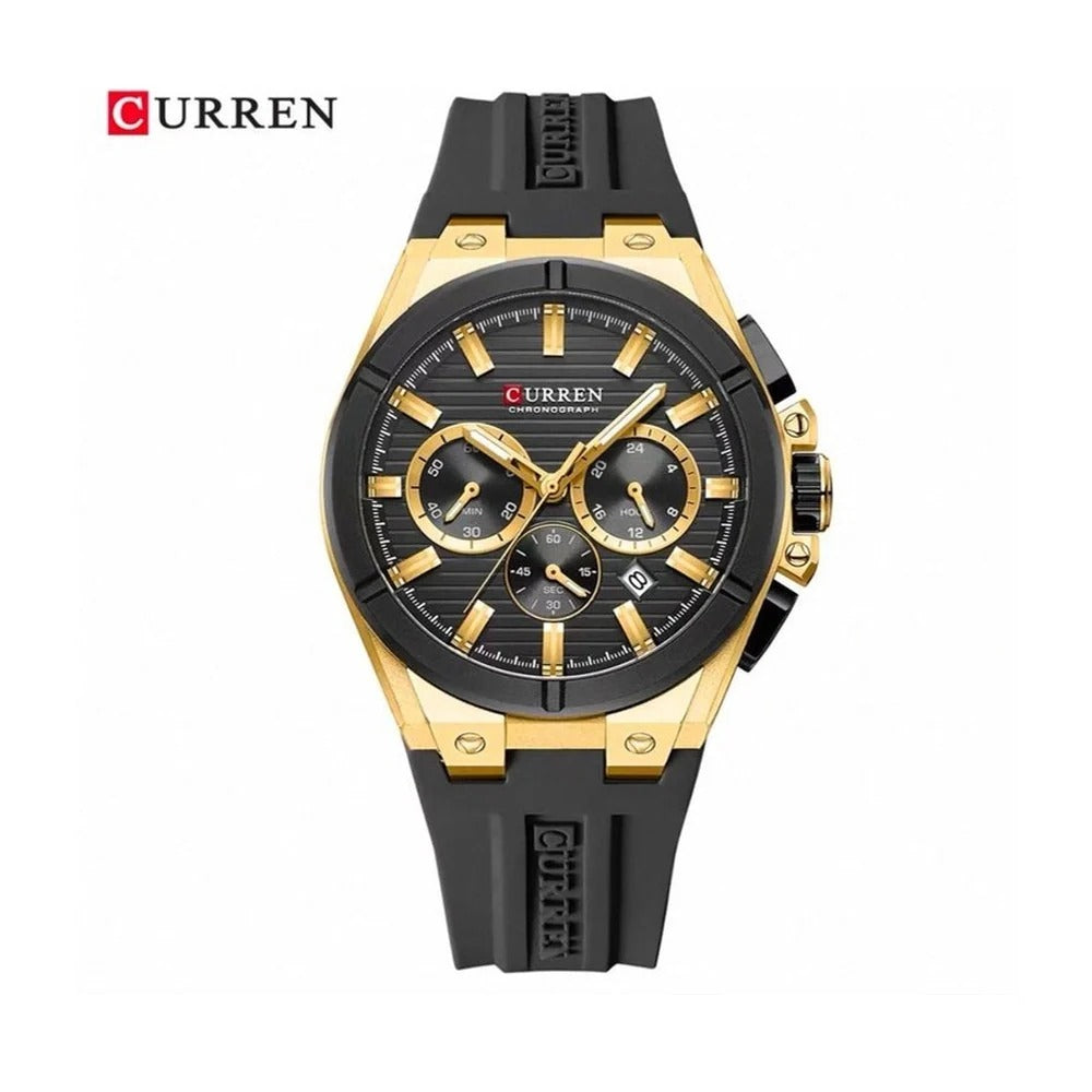 CURREN 8487 Cronógrafo con Correa de Silicona color Goma Negra / Dorado