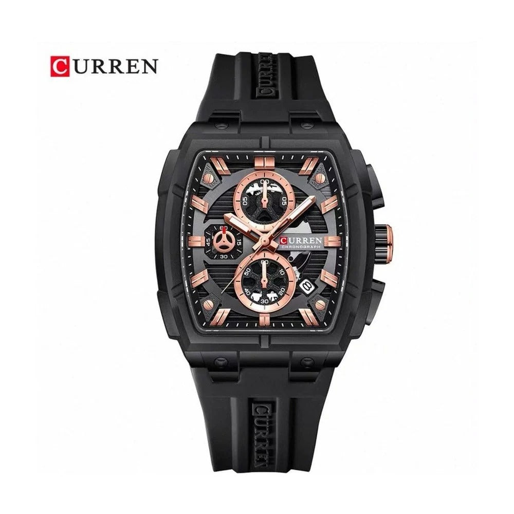 CURREN 8488 Cronógrafo Tonneau en Silicona color Goma Negra / Negro