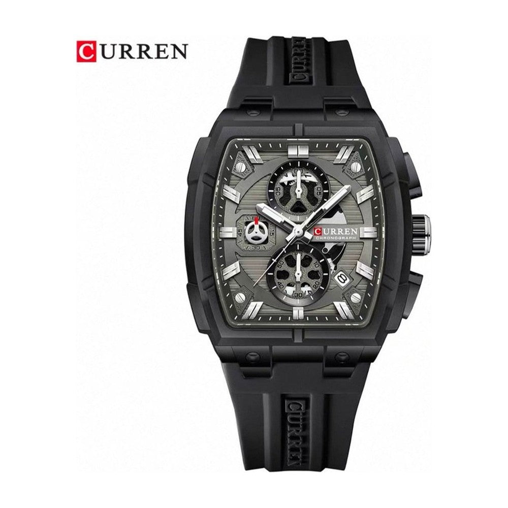 CURREN 8488 Cronógrafo Tonneau en Silicona color Goma Negra / Gris