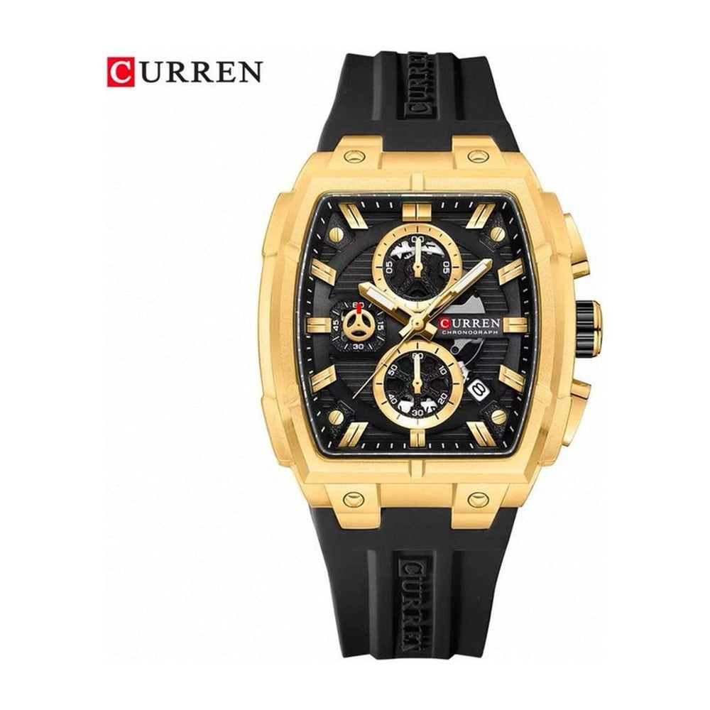 CURREN 8488 Cronógrafo Tonneau en Silicona color Goma Negra / Dorado