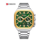 CURREN 8496 Cronógrafo Cuadrado en Acero color Plateado y Dorado / Verde