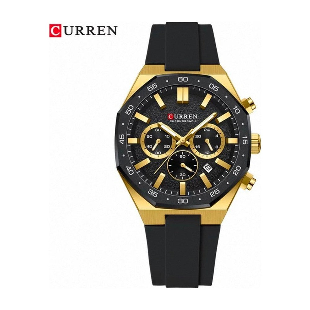 CURREN Cronógrafo Deportivo Bisel en Silicona color Goma Negra / Dorado