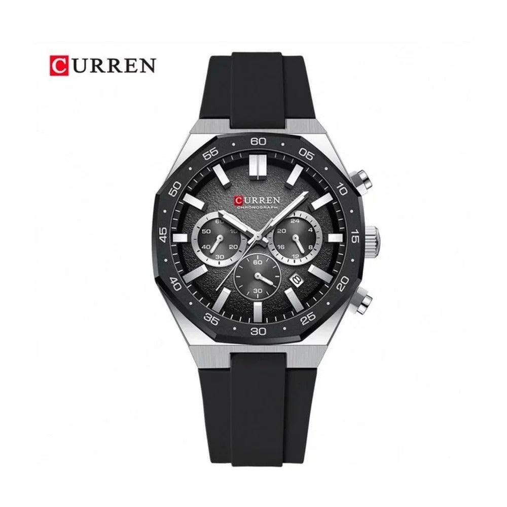 CURREN Cronógrafo Deportivo Bisel en Silicona color Goma Negra / Negro