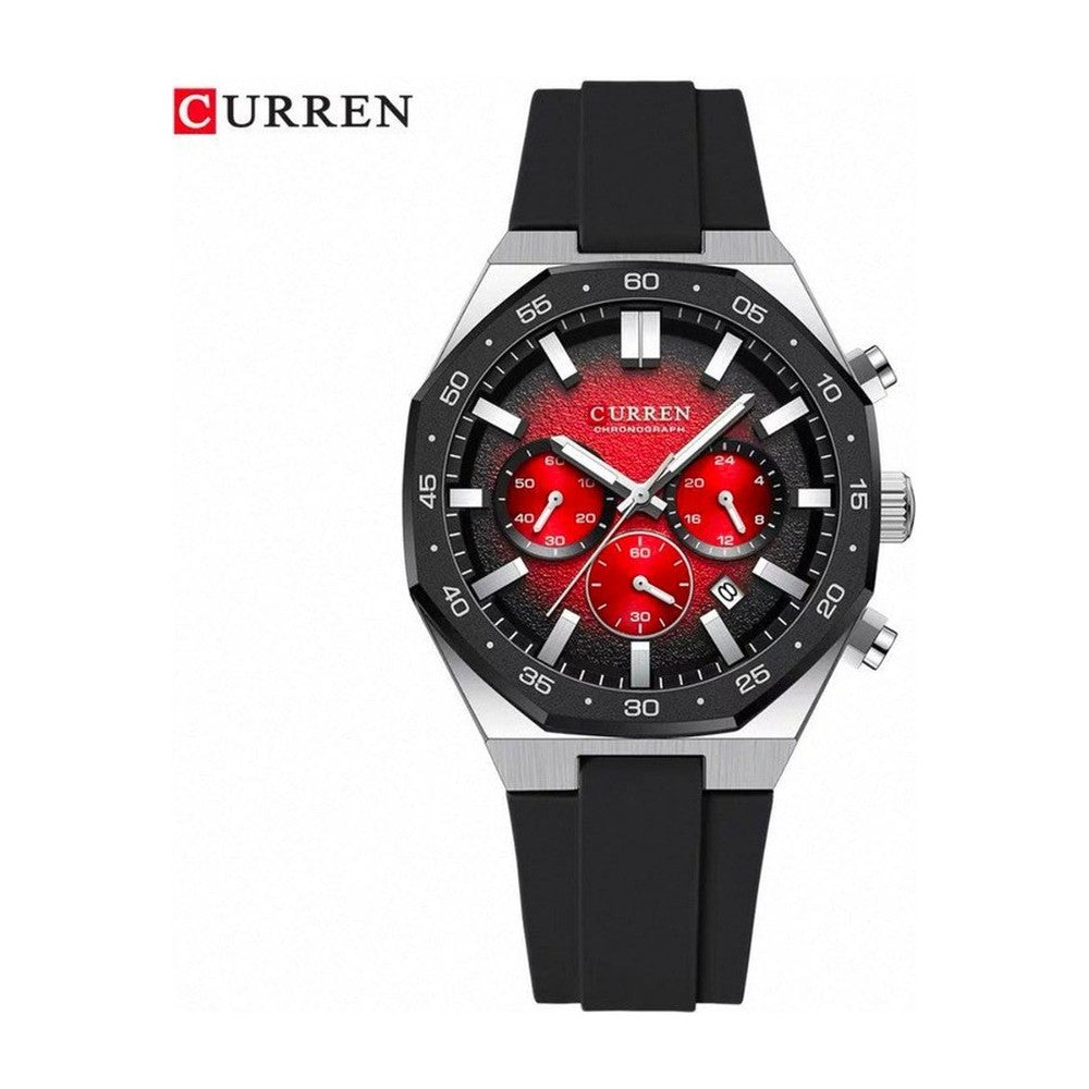 CURREN Cronógrafo Deportivo Bisel en Silicona color Goma Negra / Rojo